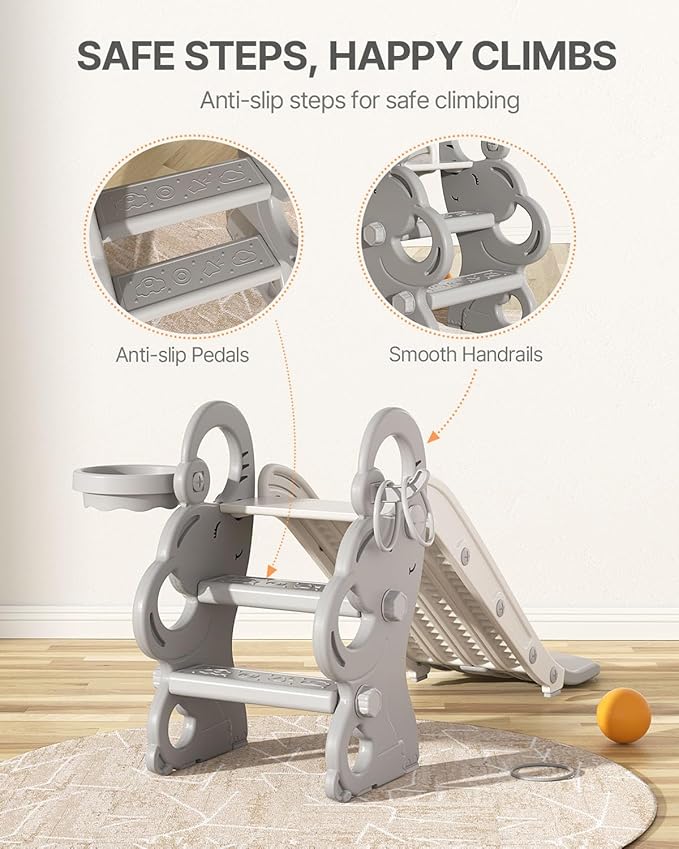 Babytronic Toddler Slide, Kids Indoor Outdoor Playset with Basketball Hoop & Ring Toss, Foldable Baby Plastic Slide, Outdoor Playground Climber Slide (Gray&White)