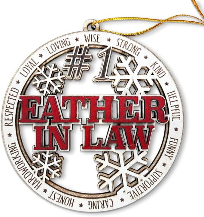 #1 Father-in-Law Wooden Christmas Ornament – Best Father-in-Law Holiday Tree Hanging Decoration, Rustic Xmas Gift with Snowflakes & Words