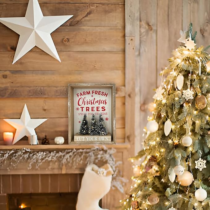 Christmas Decorations for Home Farmhouse LED Lighted Farm Fresh Christmas Tree Decor with Timer Wooden Table Winter Sign Winter Vintage Holiday Block Vintage Holiday Block Xmas Party Decor