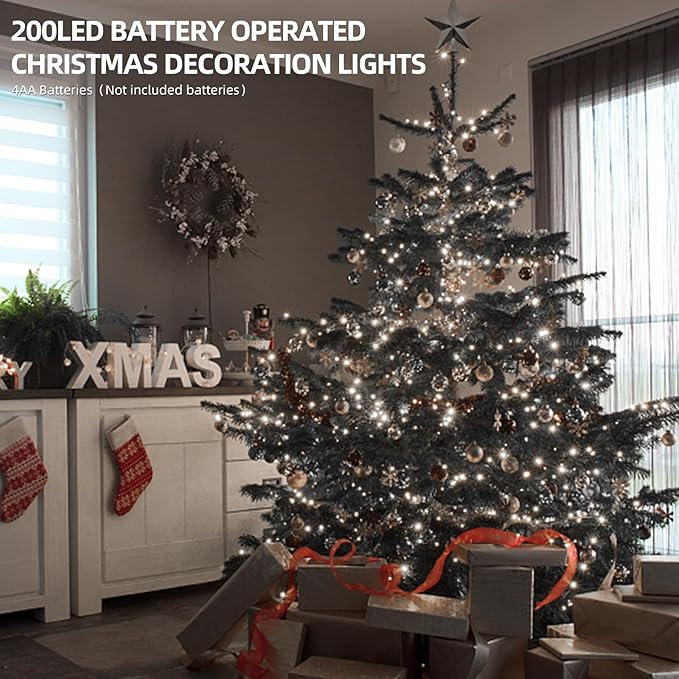XTF2015 Christmas Lights 66ft 200 LED String Lights Timer Memory Function USB or Batter y Powered Waterproof String Light for Indoor Outdoor Decoration (Cool White)