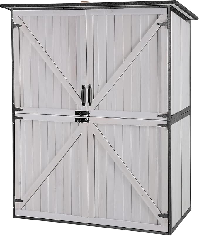 Aivituvin Outdoor Storage Shed Upgraded with Strong Metal Frame Garden Tool Shed Storage House Cabinet with Adjustable Shelfs and Wooden Floor 4.6 x 2.42FT (Off-White)