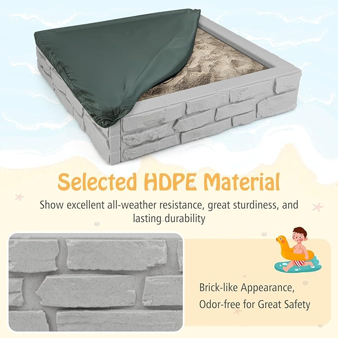 HONEY JOY Sandbox with Cover, 47 x 47 Inch Square Sand Pit for Backyard, Bottom Drainage Oxford Liner, HDPE Playful All Weather Resistant Sand Boxes for Kids Outdoor with Lid (Gray)