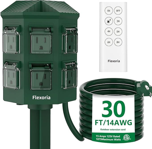 Outdoor Power Stake Timer, Remote Control Dusk to Dawn Light Timer, 30FT Extension Cord Waterproof, 6 Grounded Outlets for Outdoor Christmas Decorations, ETL Listed