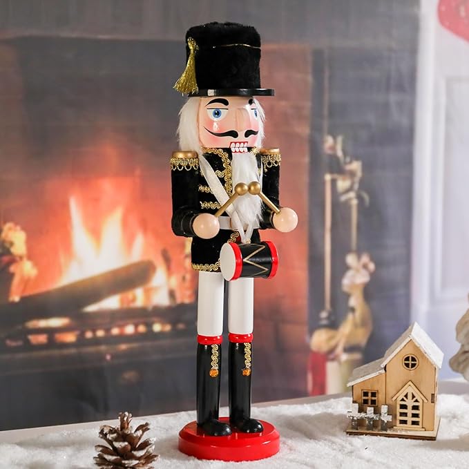 Christmas Nutcracker Decorations Nutcracker Figure 15 Inch Wooden Nutcrackers Collectible Ornament Nutcrackers Soldier for Table Desktop Home Christmas Decor Xmas Indoor Decor Black Hat beat a drum