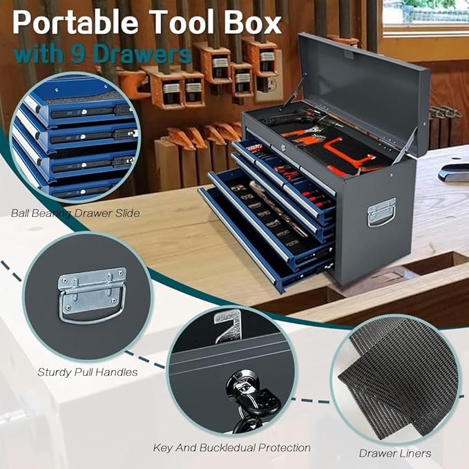 13 Drawers Tool Chest with Wheels, Rolling Tool Box with Drawers, Metal Tool Cabinet for Garage, Workshop(Blue-Gray)