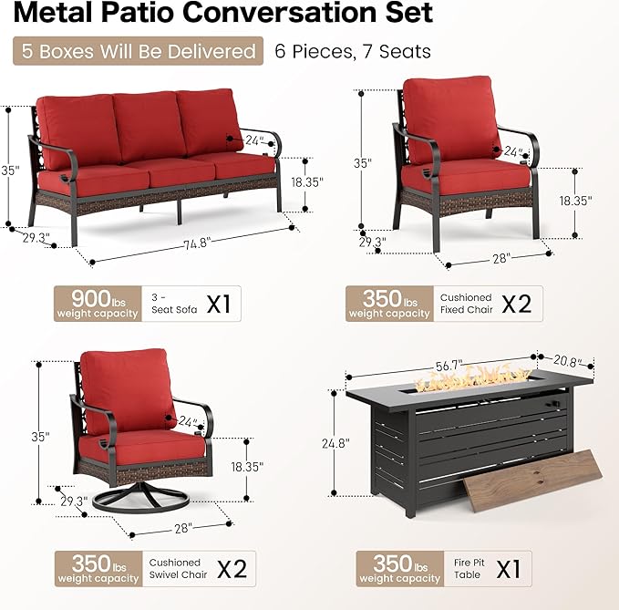 6 Piece Metal Outdoor Patio Furniture Sets with Firepit Table, Patio Conversation Sets 1 3-Seater Sofa, 2 Leg Sofa and 2 Swivel Chair with 5.75" Cushion for Backyard Deck, Rust Red