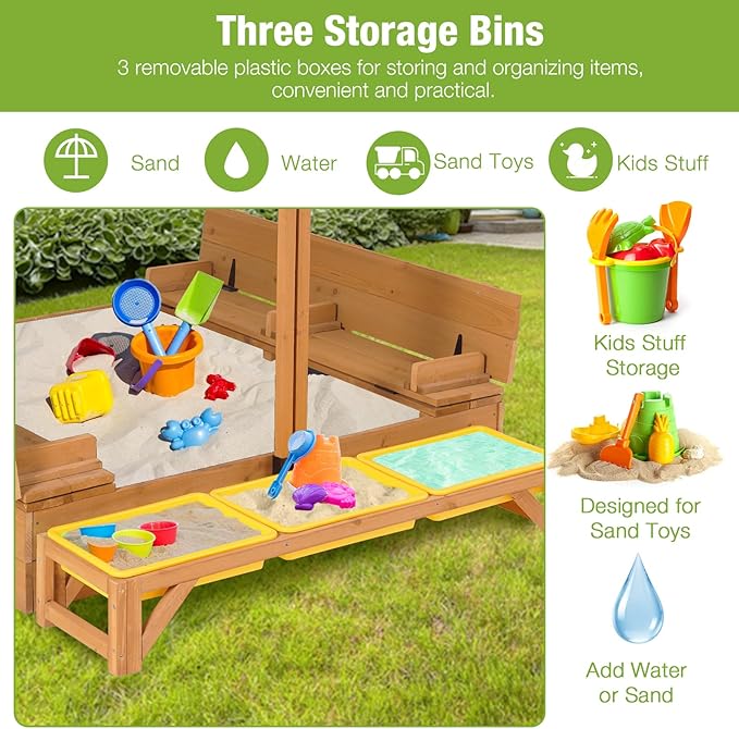 GUTINNEEN Wooden Kids Sandbox with Cover Sandbox with Lid Outdoor Sand Boxes with 3 Toy Bins