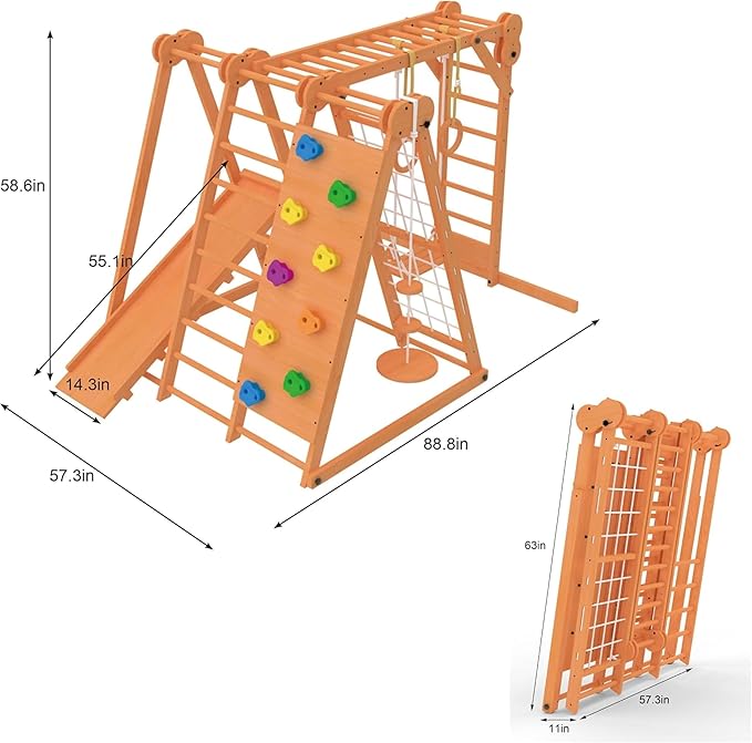 Avenlur 8-in-1 Small Indoor/Outdoor Playset ? Foldable Wooden Kids Play Set for Backyard ? Kid Playground for Toddlers Age 2?6 with Slide, Monkey Bars, 2 Ladders, 2 Swings, Rock Climbing, Gym Rings