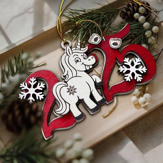 Unicorn 2025 Wooden Christmas Tree Ornament – Cute Fantasy Horse Holiday Decoration for Girls & Kids, Magical Unicorn, Wooden Xmas Ornament for Tree, Friends & Family
