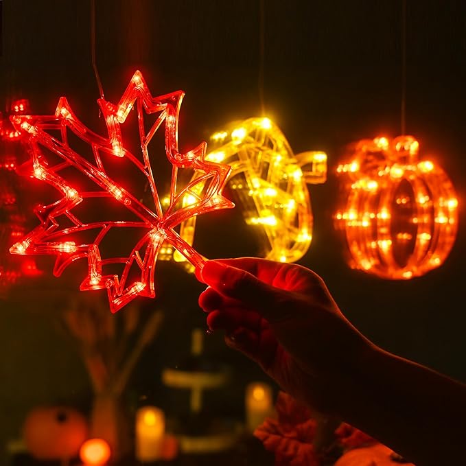 LOLStar Fall Decor Window Lights 2025 Thanksgiving Decorations Acorn Maple Leaves Pumpkin LED Lights with Suction Cups Battery Operated(Exclusive) Slow Fade Mode Timer Autumn Decorations for Home