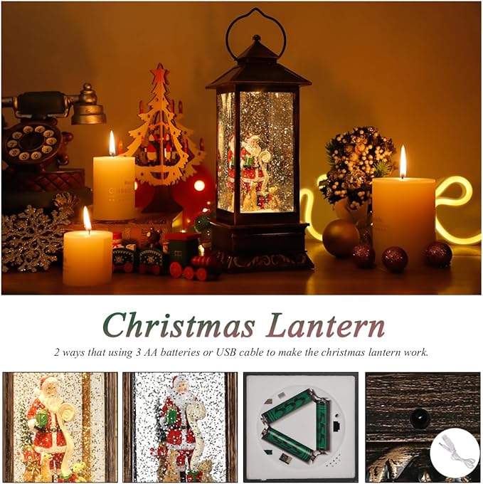 Musical Rotating Christmas Snow Globe Lantern with Santa Claus - Lighted Sparkling Water Lantern with 8 Festive Songs & Timer, Indoor Christmas Decorations for Home/Party