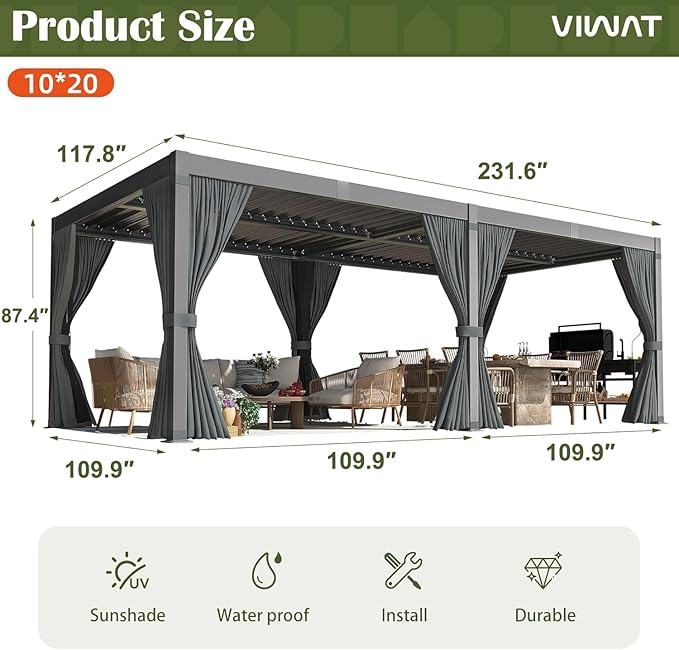 VIWAT Aluminum 10x20 FT Louvered Pergola, Outdoor Pergola with Adjustable Louvered Roof Outdoor Patio Shade Cover, Waterproof & Rustproof Aluminum Gazebo for Backyard and Garden, Gray