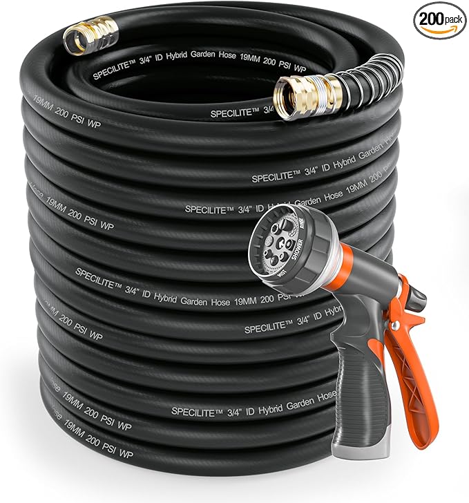 SPECILITE Garden Water Hose 200 ft x 3/4 in Heavy Duty, Flexible and Lightweight, Burst 600 psi, Kink-less Hybrid Rubber Pipe for Backyard, 3/4'' Brass Fittings, Black