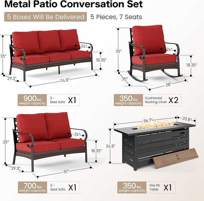 5 Piece Metal Outdoor Patio Furniture Sets with Firepit Table, Patio Conversation Sets 1 3-Seater Sofa, 1 Loveseat, 2 Rocking Chair with 5.75" Cushion for Backyard Deck, Rust Red