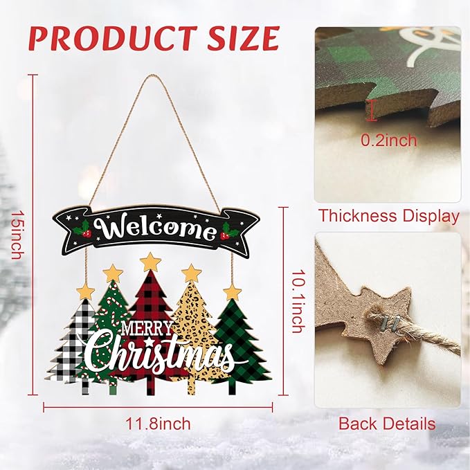 Merry Christmas Wreath Hanging Sign For Front Door, Wooden Welcome Sign With Christmas Tree For Festive Office Rustic Farmhouse Wall Window Decoration (Tree)