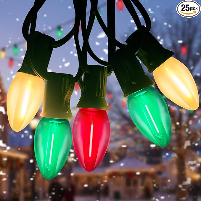 C7 LED Christmas Lights Outdoor,25ft LED Clear Red White Green Christmas Lights with 27 LED Bulbs(2 Spare),Connectable Christmas Decorations Light for Indoor Outdoor Home Party Garden Yard