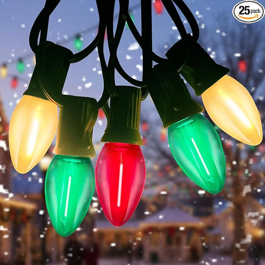 C7 LED Christmas Lights Outdoor,25ft LED Clear Red White Green Christmas Lights with 27 LED Bulbs(2 Spare),Connectable Christmas Decorations Light for Indoor Outdoor Home Party Garden Yard
