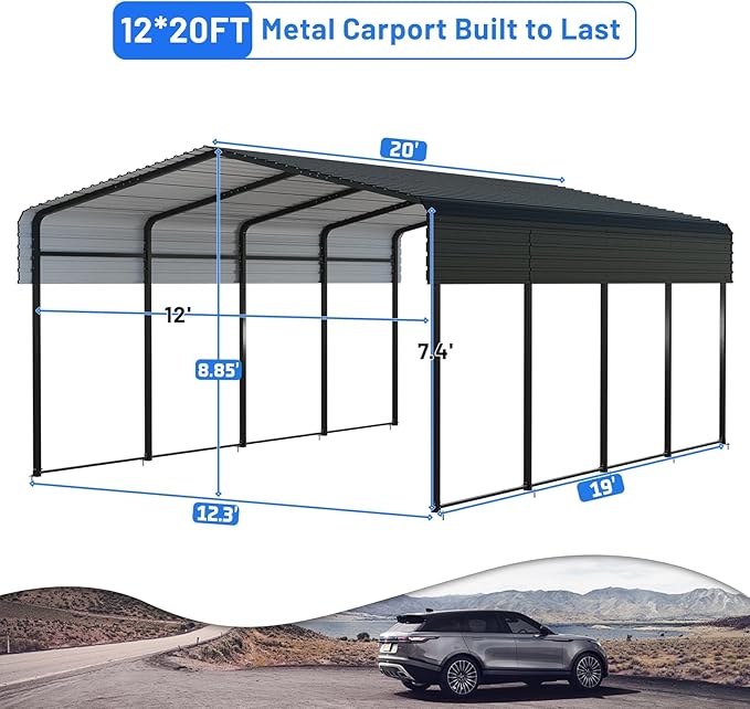 Metal Carport 12x20FT with Reinforced Base - Galvanized Steel Roof Heavy Duty Carport Canopy, for Cars, Motorcycles, Pickup Trucks, SUVs, Tractors and Boats,Black