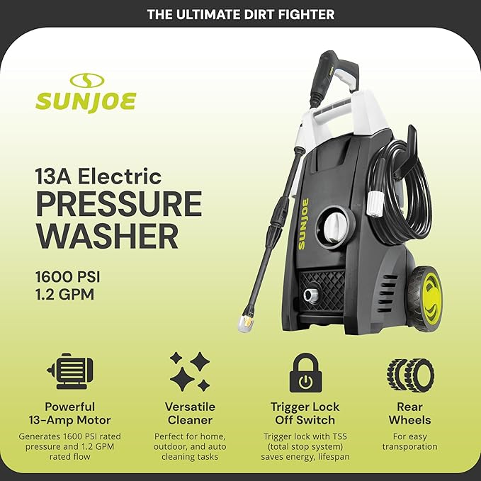 Sun Joe SPX1000 11-Amp Electric Pressure Power Washer, 1600 PSI (PWMA Certified), 1.1 GPM