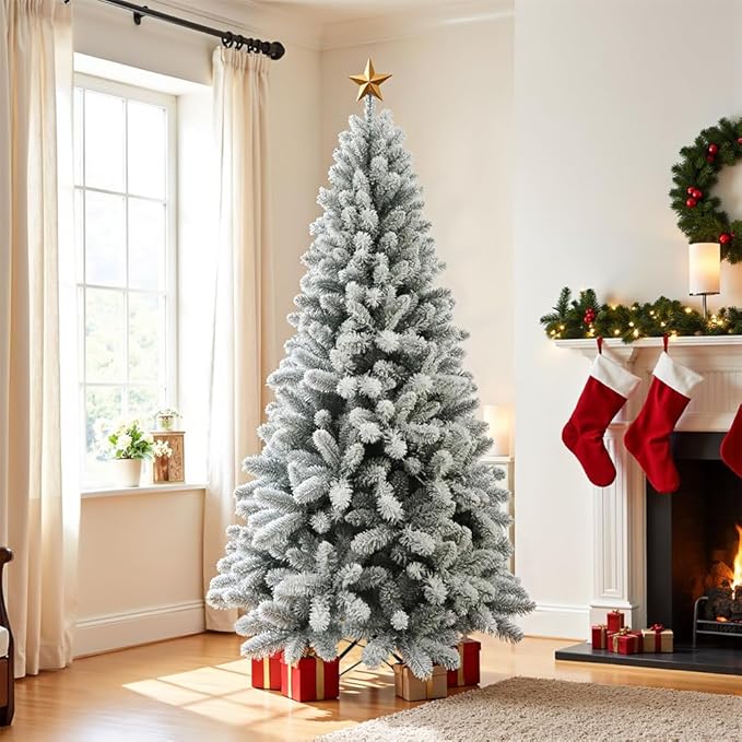 Prelit Christmas Tree With Lights 7.5ft,Premium Snow Flocked Artificial Xmas Tree, With 1364 Branch Tips and 550 Warm Lightsm,Support Automatique,Perfect Choice for Christmas Decorations,White