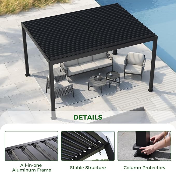 Grand Patio Outdoor 10x13 Aluminum Pergola with Adjustable Louvers and Integrated Drainage System – Outdoor Patio Canopy, Easy Assembly, Carbon