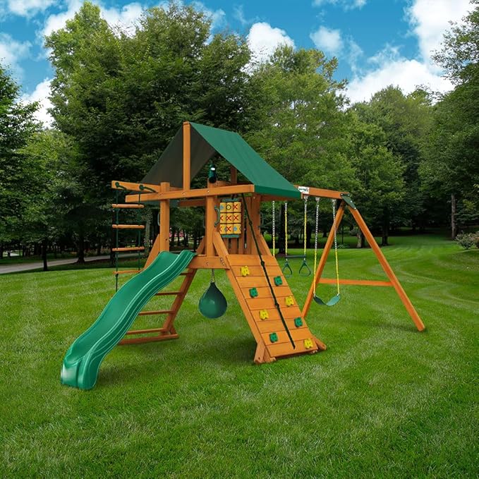Gorilla Playsets 01-1033 Ozark II Wood Swing Set with Green Vinyl Canopy, Rock Wall, and Punching Ball