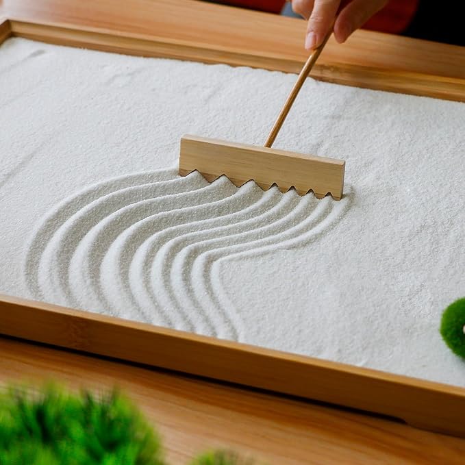 Zen Garden Tools Kit Accessories - Japanese Zen Garden Decor Zen Rake Set Mini Bamboo Rock Sand Garden Rakes Japan Zen Gift w/Healing Stone Bonsai Tree Home Office Yoga Meditation Room Zen Decor