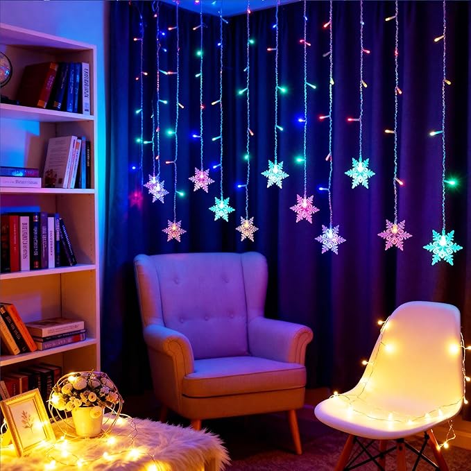 Vigdur Snowflake Christmas Curtain Lights, 13FT 96 LEDs Snowflake String Lights with Remote & 8 Flashing Modes Christmas String Lights for Holiday Wedding Party Home Decorations