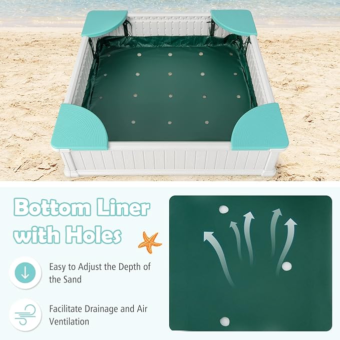 HONEY JOY 12.5 Kids Sandbox with Cover, 48 x 48 Inch Large HDPE Pit for Backyard, 4 Corner Seats & Bottom Liner, Sand Protection, All Weather Resistant Sand Boxes for Kids Outdoor (White)
