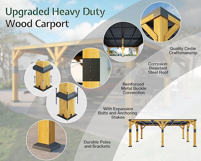 Jocisland 20x20x9.2 FT Cedar Wood Carport for 2 Cars, Heavy Duty Canopy Carport with Sloped Galvanized Steel Roof for All Weather, Permanent Shelter for Boats, Full-Sized Pickup Trucks & Tractors