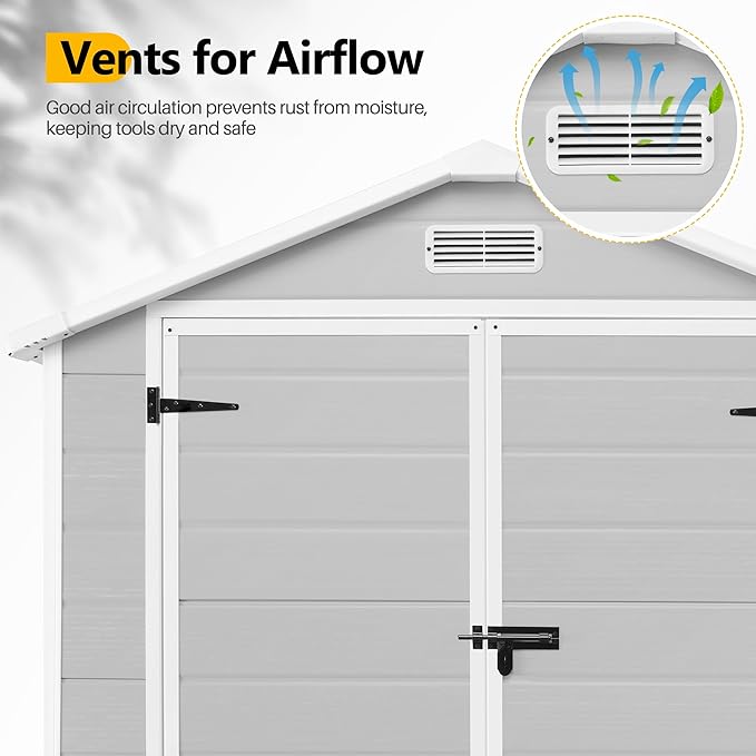 HUGROVE 6×4 Outdoor Storage Shed with Floor, Waterproof & UV-Resistant Resin Garden Shed for Backyard, Weather-Resistant Plastic Tool Shed with Lockable Double Doors, Air Vents & Side Window (Gray)