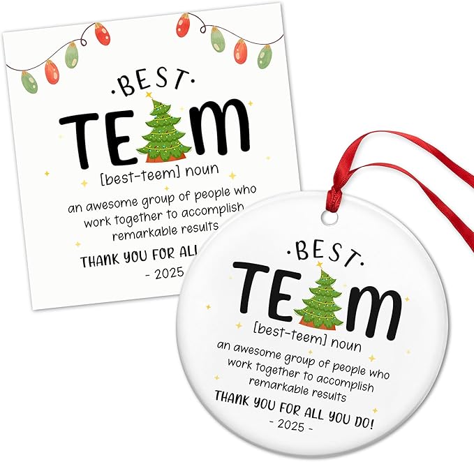 TEEZWONDER Best Team Ever Gifts - Ceramic Christmas Ornaments 2025 with Card for Christmas Tree Decorations - Office Group Gifts for Coworkers Employees Friends, Appreciation Thank You Gift Ideas