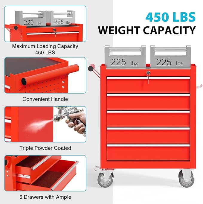 5 Drawers Rolling Tool Chest, Portable Storage Tool Box with Wheels, Tool Chest with Lock for Warehouse, Garage, Repair Shop and Tool Room (Red)