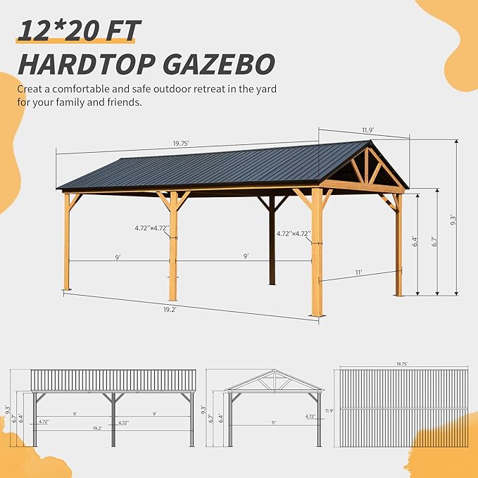 Domi 12’ x 20’ Hardtop Gazebo, Wooden Coated Aluminum Frame Canopy with Galvanized Steel Gable Roof, Outdoor Permanent Metal Pavilion for Patio, Deck and Lawn
