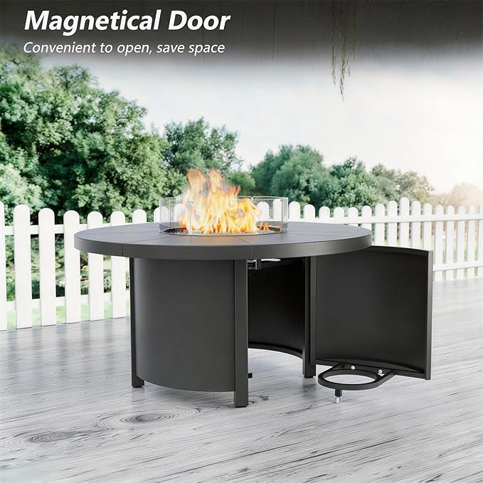 48 Round Propane Fire Pit,Steel Tabletop Fire Pit w Lava Rocks,55000 BTU Auto-Ignition Gas Fire Pits with Lid & Windproof Glass for Outdoor,Patio,Backyard
