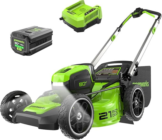 Greenworks 80V 21" Brushless Cordless (Push) Lawn Mower (LED Headlight + Aluminum Handles), 4.0Ah Battery and Rapid Charger Included (75+ Compatible Tools)