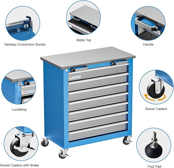 LARBANKE Tool Chest,7-Drawer Rolling Toolbox Chest,Rolling Tool Chest on Wheels with Keyed Locking System,and 4 Foot Pad,Tool Chet can be Combined Cabinet Set with 5-Drawer Tool Chest,for Garage