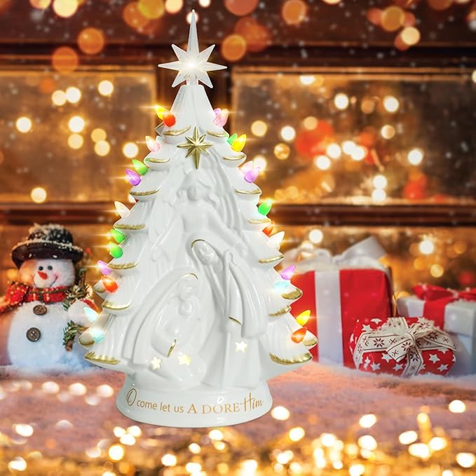 Ceramic Christmas Tree Nativity 14 Inch Tabletop Christmas Tree Vintage Christmas Decoration Battery Operated White XmasTree with Multicolored Lights and Star