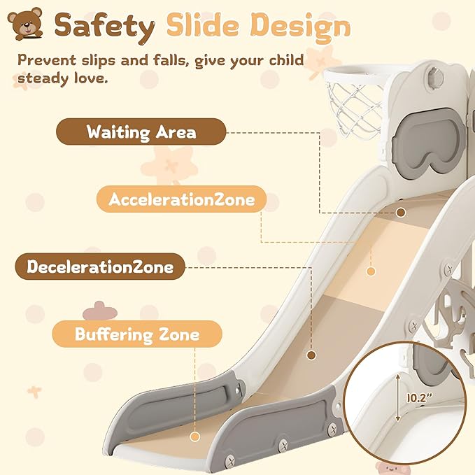10-in-1 Toddler Slide Playset,Indoor Playground for Kids 1-3 and Toddler Outdoor playset with Golf Set, Basketball Hoop, Climbing Frame, Drawing Board and Steering Wheel, Gray & White