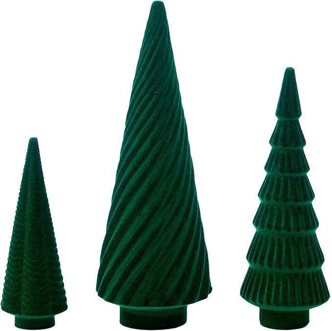 DN DECONATION Set of 3 Flocked Velvet Christmas Trees, Green Tabletop Xmas Tree Decor with Pine, Swirl & Wave Designs Mini Christmas Figurines for Mantel, Desk, Holiday Centerpiece