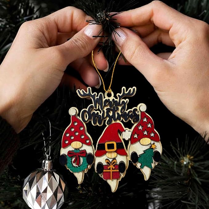 Christmas Gnome Ornament – Wooden Merry Christmas Hanging Decoration with Santa, Gift, Tree & Wreath Design, Rustic Farmhouse Christmas Tree Ornament, Holiday Decor for Home & Office