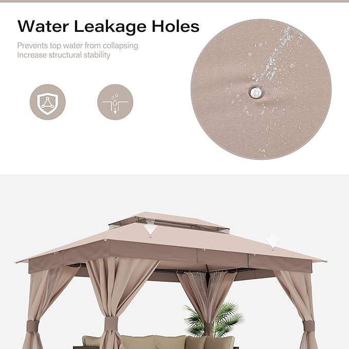 LAUSAINT HOME Semi-Permanent Patio Gazebo 10'x13' with Expansion Bolts, Outdoor Heavy Duty Party Tent Shelter with Double Roofs, Mosquito Nets and Privacy Screens for Backyard, Garden, Lawn, Khaki