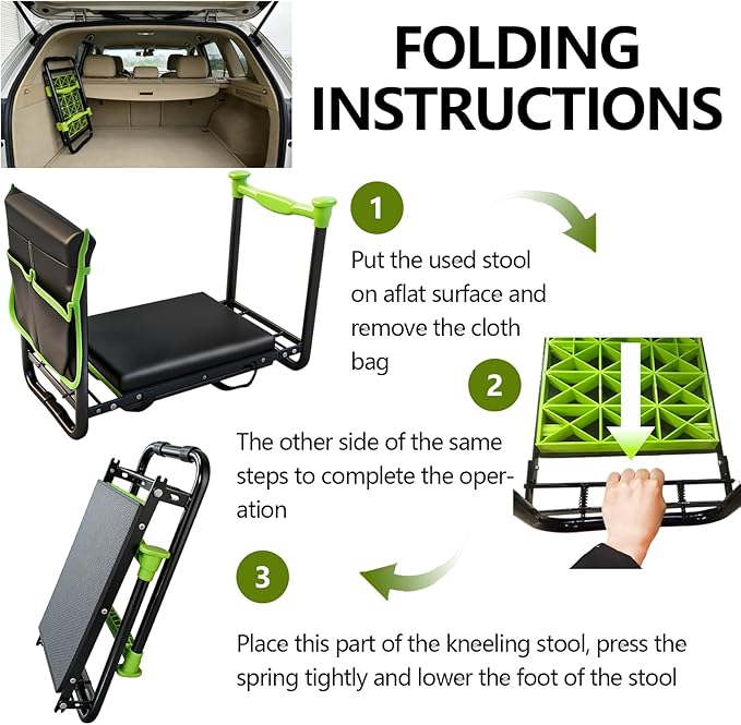 Garden Kneeler and Seat, Heavy Duty Gardening Stool with 1.8 Thick Detachable Kneeling Pad, Foldable Bench Chair with Tool Pouch and Bag for Knee & Back Pain Relief for Women, Men, Seniors (Green)