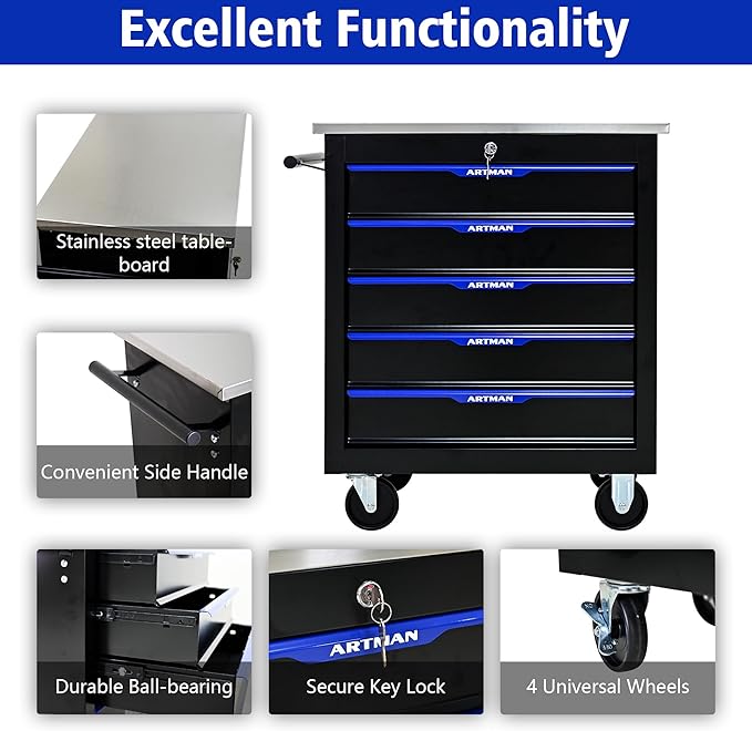 RYH 4/5/6/7 Drawers Rolling Tool Chest -Heavy Duty Mobile Metal Tool Box with Locking Wheels, with Stainless Steel Worktop, Garage Tool Storage Cabinet (Black-Blue, 5-Drawers 30.7 H¡¿25.9 W)