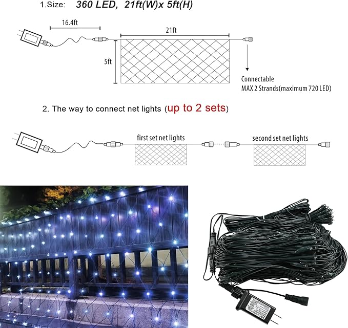 OYCBUZO 360LED Net Lights Outdoor, 21ft x 5ft Connectable String Mesh Lights 8 Modes with Memory Function, Christmas Netting Light Plug in for Bushes Thanksgiving Xmas Tree Party Garden - Cool White