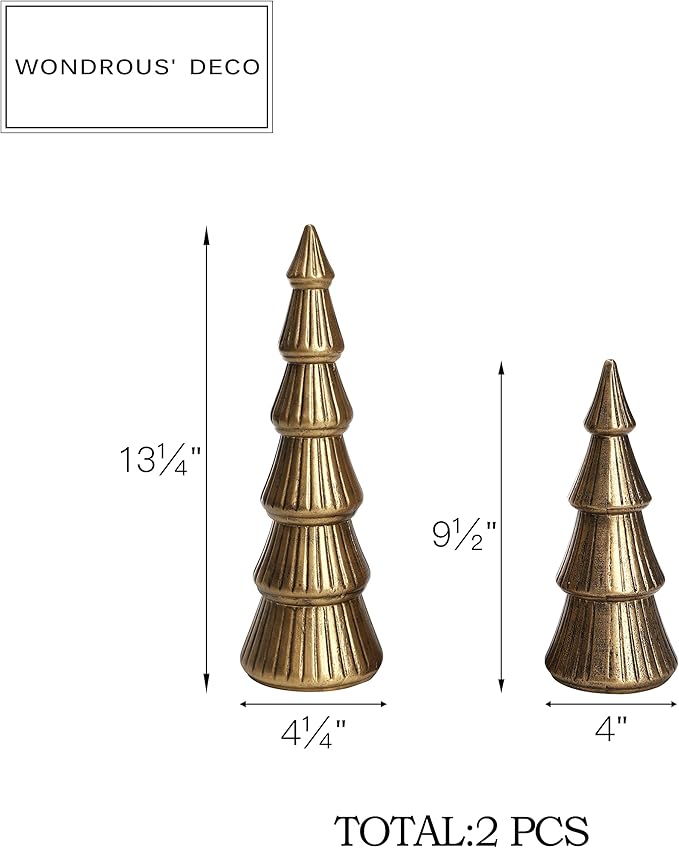 WONDROUS' DECO Christmas Tree Figurine Gold Wooden, Tree Figurines Decorative for Tabletop, Small Glittered Golden Xmas Trees Figurines for Christmas Mantle Indoor Decor