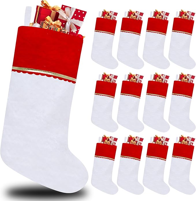 12 Pack Felt Christmas Stockings, 19 Inches White and Red Christmas Stockings, White Cuff with Gold Trim Christmas Stockings for Family Christmas Holiday Decorations