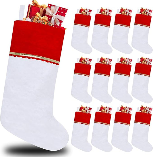 12 Pack Felt Christmas Stockings, 19 Inches White and Red Christmas Stockings, White Cuff with Gold Trim Christmas Stockings for Family Christmas Holiday Decorations