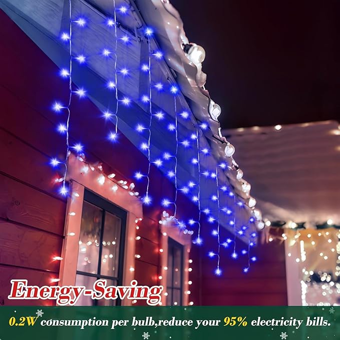 XURISEN 132ft Christmas Lights Decorations Outdoor, 1280 LED 8 Modes Fairy Lights with 240 Drops,Plug in Waterproof Timer Memory Function for Christmas Holiday Wedding Party Decorations(Blue)