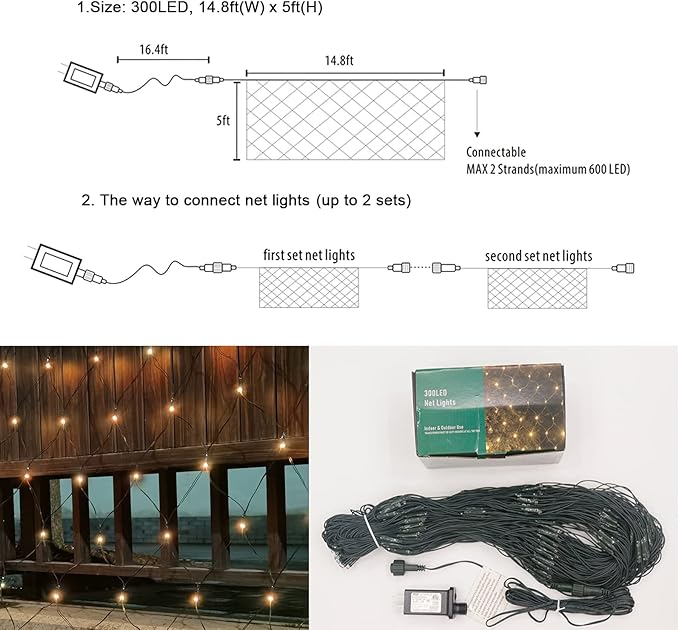 300LED Net Lights, 14.8ft x 5ft 8 Modes Connectable Christmas Outdoor String Mesh Lights, Waterproof Decorative Fairy Light Plug in for Xmas Tree Bushes Holiday Garden Wedding Party - Warm White